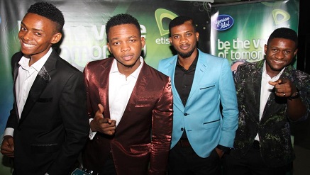 (L-R): Nigerian Idol Top 10 contestants, Paul Enoma, Elvis Ejiro, Jesse Okonkwo, and Anthony Akpan, at the Etisalat sponsored Nigeria Idol Top 10 contestants live recording, held over the weekend.